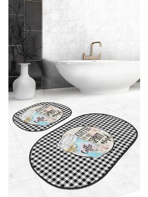 Rem Home Remhome Siyah Beyaz Ekose Motifli 2'li Oval Kaymaz Tabanlı Mutfak Paspas Takımı Takım Banyo Paspası