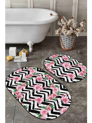 Rem Home Remhome Zigzag Zemin Gül Flamingo Motifli 2'li Oval Kaymaz Tabanlı Banyo & Mutfak Paspas Takımı Takım Banyo Paspası