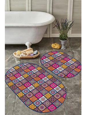 Rem Home Remhome Kareli Etnik Motifli Özel Tasarımlı 2'li Oval Kaymaz Tabanlı Banyo & Mutfak Paspas Takımı Takım Banyo Paspası