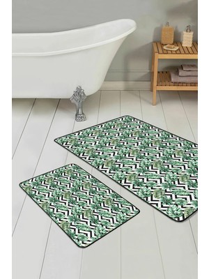 Rem Home Remhome Siyah Zigzag Zemin Tropik Yeşil Yapraklar 2'li Kaymaz Tabanlı Banyo & Mutfak Paspas Takımı Takım Banyo Paspası
