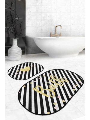 Rem Home Remhome Siyah Beyaz Çizgili Gold Detaylı 2'li Oval Kaymaz Tabanlı Banyo & Mutfak Paspas Takımı Takım Banyo Paspası