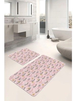 Rem Home Remhome Pembe Zeminli Çam Yaprakları Özel Tasarım 2'li Kaymaz Tabanlı Banyo & Mutfak Paspas Takımı Takım Banyo Paspası