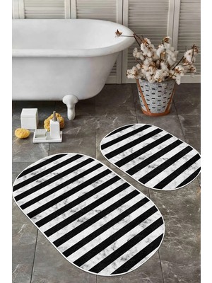 Rem Home Remhome Siyah Beyaz Mermer Motifli Dijital Baskılı 2'li Oval Kaymaz Tabanlı Banyo & Mutfak Paspas Takımı Takım Banyo Paspası