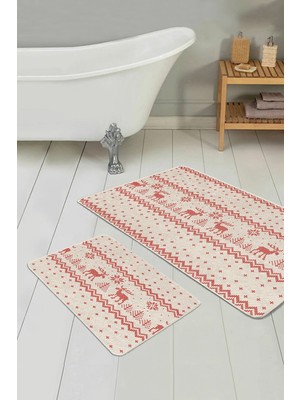 Rem Home Remhome Geyikli Yılbaşı Temalı Özel Tasarım 2'li Kaymaz Tabanlı Banyo & Mutfak Paspas Takımı Takım Banyo Paspası