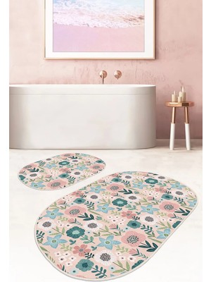 Rem Home Remhome Pudra Zemin Tropik Çiçekler Dijital Baskılı 2'li Oval Kaymaz Tabanlı Banyo & Mutfak Paspas Takımı Takım Banyo Paspası