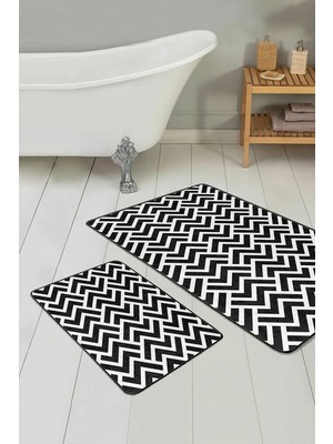 Rem Home Remhome Siyah Beyaz Geeometrik Zigzaglar Dijital Baskılı 2'li Kaymaz Tabanlı Banyo & Mutfak Paspas Takımı Takım Banyo Paspası