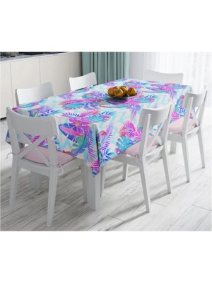 Rem Home Remhome Pudra Zeminli Geometrik Palmiye Yaprakları Modern Leke Tutmaz Masa ÖRTÜSÜ-120X140 cm