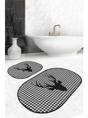 Rem Home Remhome Balıksırtı Zemin Geyik Tasarımlı 2'li Oval Kaymaz Tabanlı Banyo Halı Takımı & Mutfak Paspas Seti Takım Banyo Paspası