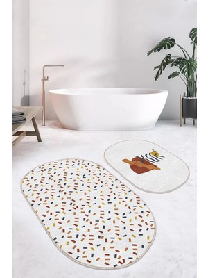 Rem Home Remhome Renkli Geometrik Motifli 2'li Oval Kaymaz Tabanlı Banyo Paspas Takımı & Mutfak Paspas Seti Takım Banyo Paspası