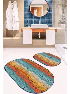 Rem Home Remhome Renkli Etnik Tasarımlı Dijital Baskılı 2'li Oval Kaymaz Tabanlı Banyo & Mutfak Paspas Takımı Takım Banyo Paspası