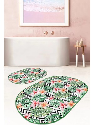 Rem Home Remhome Siyah Zigzag Zemin Tropik Yaprak Gül Motifli 2'li Oval Kaymaz Tabanlı Banyo & Mutfak Paspas Takımı Takım Banyo Paspası
