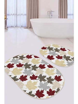 Rem Home Remhome Ekose Yaprak Tasarımlı Yılbaşı Temalı 2'li Oval Kaymaz Tabanlı Banyo & Mutfak Paspas Takımı Takım Banyo Paspası
