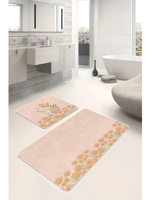 Rem Home Remhome Pembe Zemin Papatya Motifli 2'li Mutfak Halı Seti & Banyo Paspas Takımı Takım Banyo Paspası