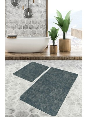 Rem Home Remhome Haki Zeminde Örgü Motifli Kilim Desenli Etnik Motifler Vintage 2'li Banyo & Mutfak Paspas Takımı Takım Banyo Paspası