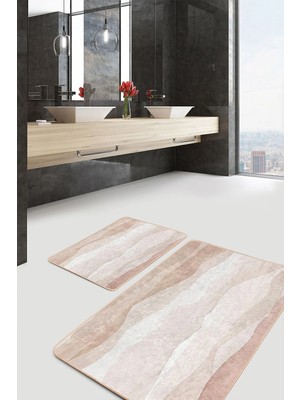 Rem Home Remhome Krem - Kahverengi Zeminde Kanvas Motifli Modern Sanat Bohem Klasik 2'li Banyo & Mutfak Paspas Takımı Takım Banyo Paspası