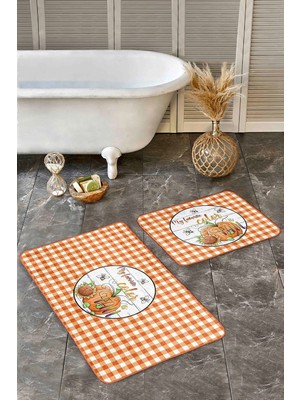 Rem Home Remhome Turuncu Ekoseli Kabak Motifli 2'li Mutfak Halısı Seti & Banyo Paspas Takımı Takım Banyo Paspası