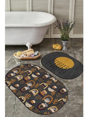 Rem Home Remhome Bohem Motifli Etnik Tasarımlı 2'li Oval Kaymaz Tabanlı Banyo Paspas Takımı & Mutfak Paspas Seti Takım Banyo Paspası