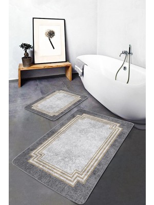 Rem Home Remhome 2'li Gri Zeminde Çerçeveli Motifli Antik Desenli Geometrik Klasik 2'li Banyo & Mutfak Paspas Takımı Takım Banyo Paspası
