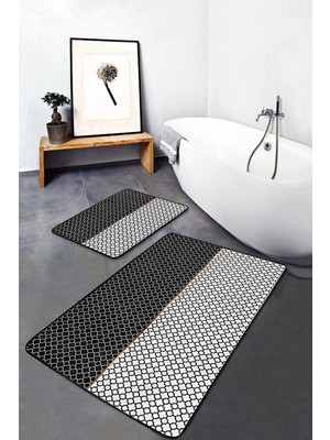 Rem Home Remhome Siyah Beyaz Ogea Motifli Dijital Baskılı 2'li Kaymaz Tabanlı Banyo & Mutfak Paspas Takımı Takım Banyo Paspası