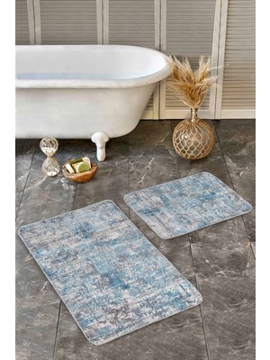 Rem Home Remhome Mavi Zeminde Dokuma Halı Motifli Eskitme Desenli Eskitme Motifli Sade & Şık 2'li Banyo Paspas Takımı Takım Banyo Paspası