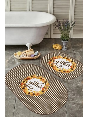 Rem Home Remhome Kahve Ekose Motifli Kabak Temalı 2'li Oval Kaymaz Tabanlı Banyo Paspas Takımı & Klozet Paspas Seti Takım Banyo Paspası
