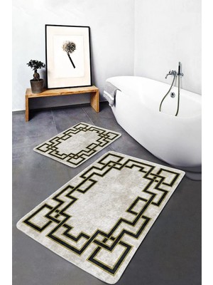 Rem Home Remhome 2'li Set Gold - Krem Zeminde Çerçeveli Motifli Eskitme Geometrik Klasik 2'li Banyo Paspas Takımı Takım Banyo Paspası