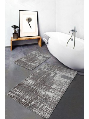 Rem Home Remhome 2'li Gri Zeminde Örme Motifli Etnik Desenli Eskitme Motifli Klasik 2'li Banyo & Mutfak Paspas Takımı Takım Banyo Paspası