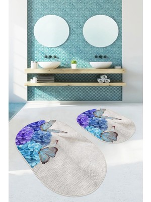 Rem Home Remhome Mavi Ortanca Çiçeği Kelebek Motifli 2'li Oval Kaymaz Tabanlı Banyo & Mutfak Paspas Takımı Takım Banyo Paspası