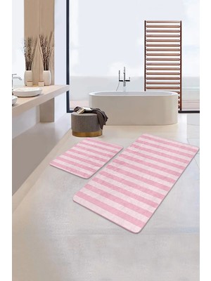 Rem Home Remhome Pembe Çizgili Özel Tasarım 2'li Kaymaz Tabanlı Banyo & Mutfak Paspas Takımı Takım Banyo Paspası