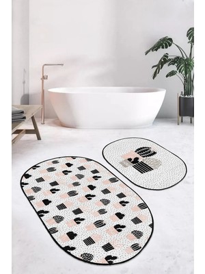 Rem Home Remhome Puantiye Zeminli Kaktüs Tasarımlı 2'li Oval Kaymaz Tabanlı Banyo & Mutfak Paspas Takımı Takım Banyo Paspası
