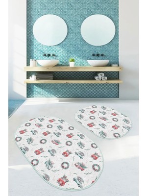 Rem Home Remhome Yılbaşı Temalı Çam Ağacı Dijital Baskılı 2'li Oval Kaymaz Tabanlı Banyo & Mutfak Paspas Takımı Takım Banyo Paspası