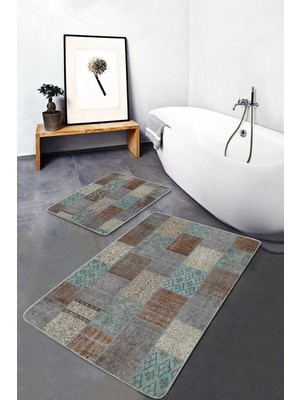 Rem Home Remhome 2'li Set Krem Zeminde Kırkyama Motifli Patchwork Desenli Vintage Sade & Şık 2'li Banyo Paspas Takımı Takım Banyo Paspası