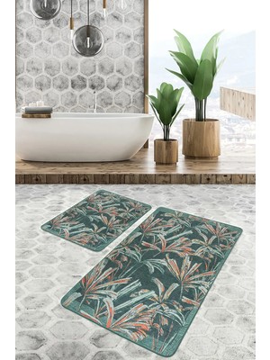 Rem Home Remhome 2li Set Yeşil Zeminde Çiçek Motifli El Dokuma Desenli Summer & Fresh Floral 2'li Banyo Paspas Takımı Takım Banyo Paspası