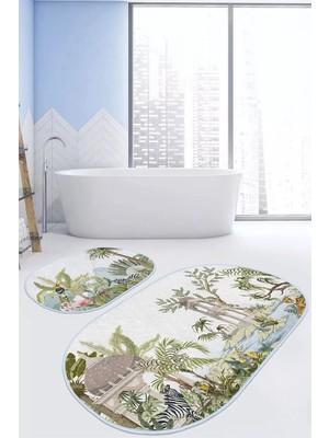 Rem Home Remhome Tropik Hayvanlar Bitkiler Özel Tasarım 2'li Oval Banyo Paspas Seti & Banyo Halı Takımı Takım Banyo Paspası