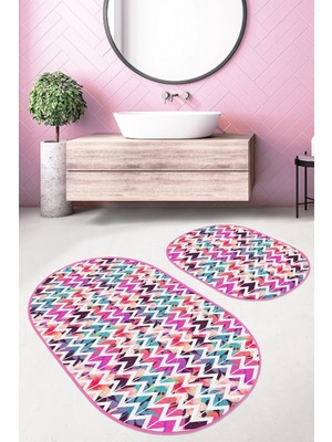 Rem Home Remhome Renkli Tropik Yaprak Zigzag Motifli 2'li Oval Kaymaz Tabanlı Banyo & Mutfak Paspas Takımı Takım Banyo Paspası