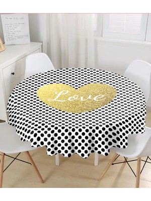 Rem Home Remhome Beyaz Zemin Üzerinde Puantiyeli Gold Detaylı Love Yazılı Yuvarlak Masa Örtüsü - Çap 140CM 140 x 140 cm