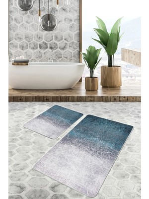Rem Home Remhome Mavi - Gri Zeminde Yağlıboya Motifli Kanvas Desenli Eskitme Motifli Vintage 2'li Banyo Paspas Takımı Takım Banyo Paspası