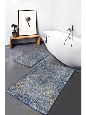 Rem Home Remhome Mavi - Sarı Zeminde Etnik Motifli Eskitme Eskitme Motifli Vintage 2'li Banyo & Mutfak Paspas Takımı Takım Banyo Paspası