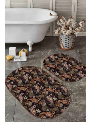 Rem Home Remhome Koyu Renkli Flamingo Tasarımlı 2'li Oval Kaymaz Tabanlı Banyo Paspas Seti & Banyo Halı Takımı Takım Banyo Paspası