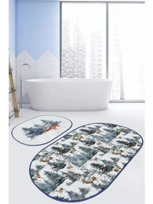 Rem Home Remhome Yılbaşı Temalı Çam Ağaçları Geyik Tasarımlı 2'li Oval Kaymaz Tabanlı Banyo & Mutfak Paspas Takımı Takım Banyo Paspası