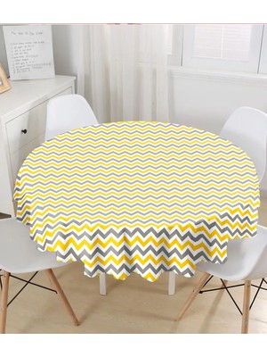 Rem Home Remhome Sarı Gri Zigzag Desenli Modern Tasarımlı Yuvarlak Masa Örtüsü 140 cm 140 x 140 cm