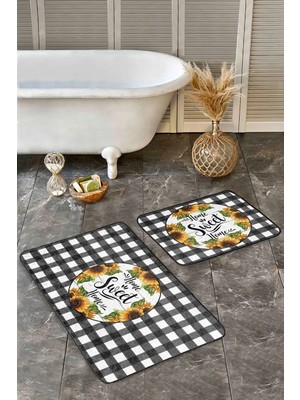 Rem Home Remhome Siyah Ekose Home Sweet Home Temalı 2'li Mutfak Paspas Seti & Banyo Paspas Takımı Takım Banyo Paspası