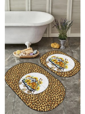 Rem Home Remhome Sarı Zebra Desenli 2'li Oval Kaymaz Tabanlı Banyo Paspas Takımı & Mutfak Paspas Seti Takım Banyo Paspası