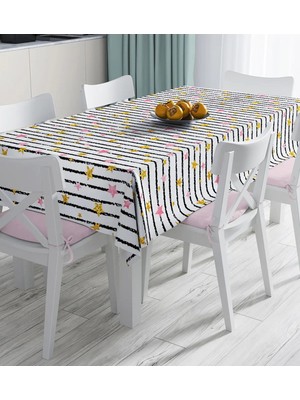 Rem Home Remhome Beyaz Zemin Üzerinde Siyah Çizgili Renkli Yıldız Desenli Dijital Baskılı Masa Örtüsü 90 x 90 cm