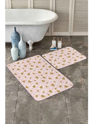 Rem Home Remhome Pembe Kareli Zemin Gold Kalp Detaylı 2'li Kaymaz Tabanlı Banyo & Mutfak Paspas Takımı Takım Banyo Paspası