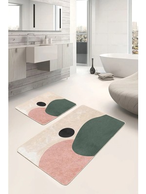 Rem Home Remhome Krem - Yeşil Zeminde Soyut Motifli Boyama Desenli Bohem Klasik 2'li Banyo & Mutfak Paspas Takımı Takım Banyo Paspası
