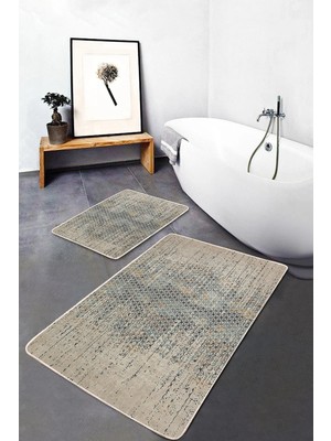 Rem Home Remhome 2'li Set Krem Zeminde Eskitme Motifli Geometrik Eskitme Motifli Vintage 2'li Banyo Paspas Takımı Takım Banyo Paspası