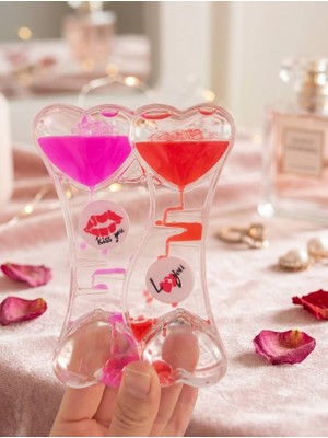 Herbal Accessory 💖 Çift Kalpli Sıvı Jel Kum Saati | "kiss You & Love You" Temalı Masa Üstü Dekoratif Stres Objesi