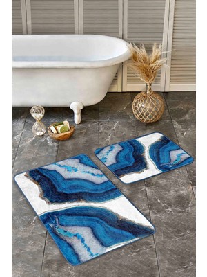 Rem Home Remhome Lacivert - Beyaz Zeminde Kanvas Motifli Boyama Modern Sade & Şık 2'li Banyo & Mutfak Paspas Takımı Takım Banyo Paspası