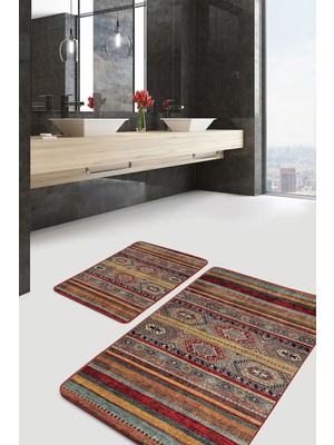 Rem Home Remhome Kırmızı Kahverengi Zeminde Geleneksel Motifli Kilim Desenli Etnik Motifler 2'li Banyo Paspas Takımı Takım Banyo Paspası
